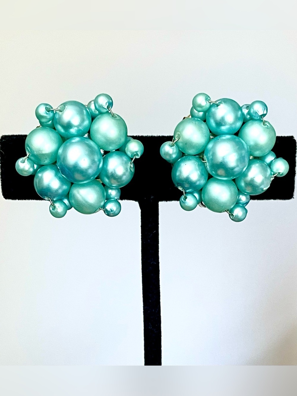 Vintage 1960s Turquoise Pearl Cluster Clip Earrings MCM Tiffany Blue Hong Kong